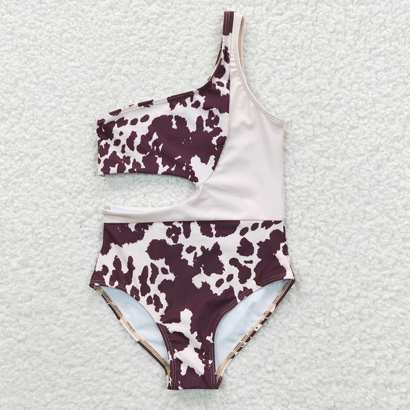 S0129 Baby Girls Ink Pattern Brown One-Piece Swimsuit