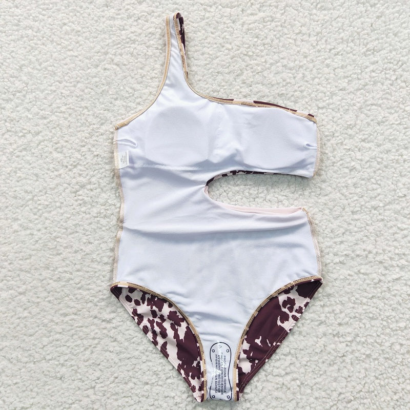 S0129 Baby Girls Ink Pattern Brown One-Piece Swimsuit