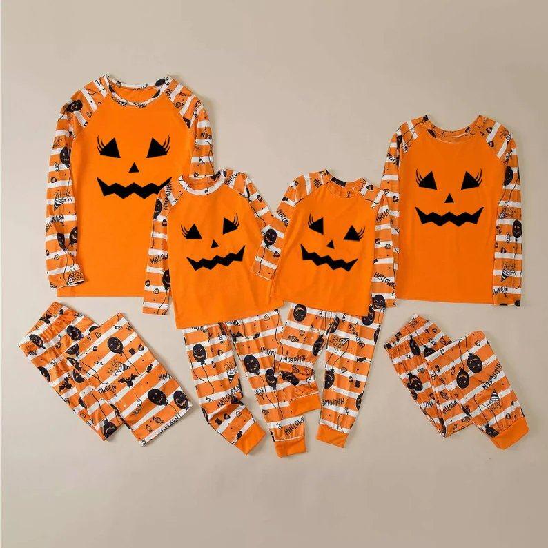 GLP0076 Girls Halloween Pumpkin Striped  Pajamas Set parent-child wear