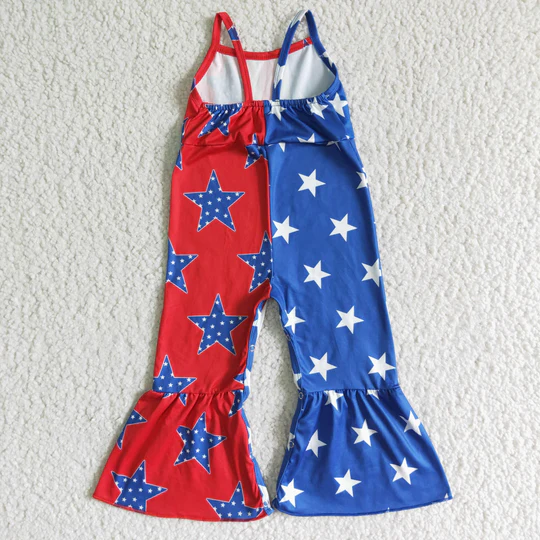 SR0058 Girls' blue and red stitching National Day star suspender jumpsuit