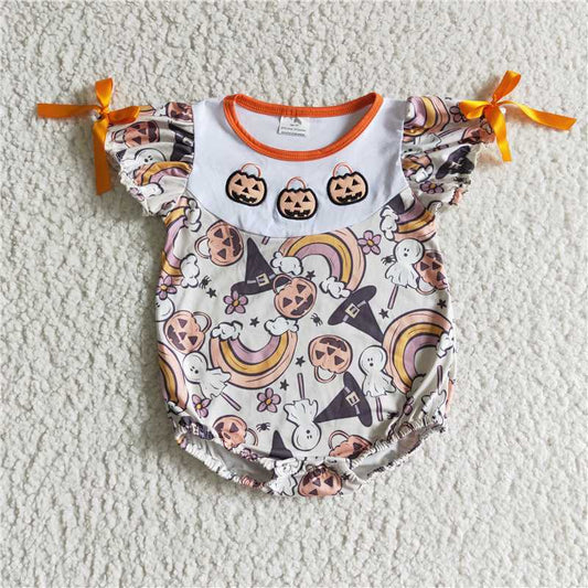 SR0086 Girls Halloween Rainbow Pumpkin Short Sleeve Romper Bodysuit