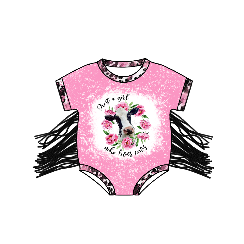 SR0105 Girls Cow Flower Pink Fringe Short Sleeve Bodysuit