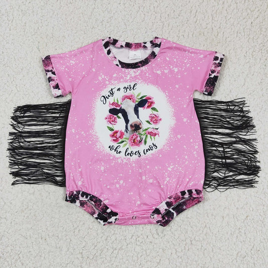 SR0105 Girls Cow Flower Pink Fringe Short Sleeve Bodysuit