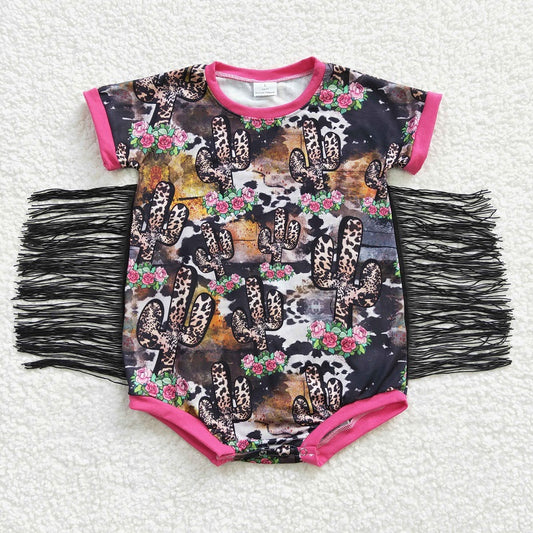 SR0108 Leopard Cactus Flower Fringe Short Sleeve Bodysuit D 4.16