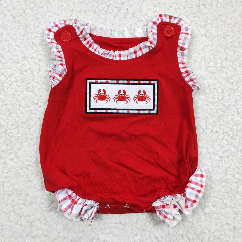 SR0156 Sleeveless Girls Embroidered Crab Red Romper