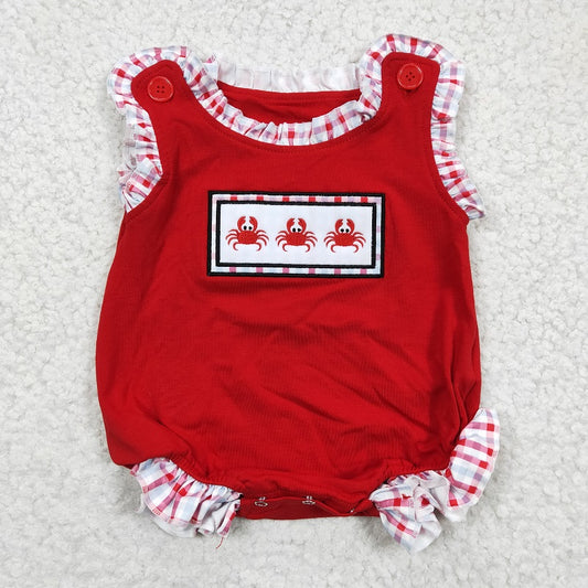 SR0156 Sleeveless Girls Embroidered Crab Red Romper