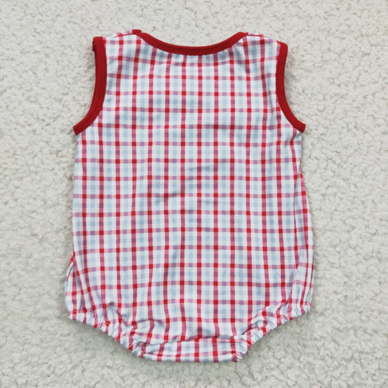 SR0157 Boys Embroidered Red Plaid Crab Romper