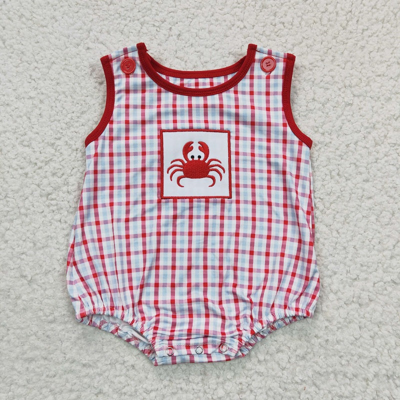 SR0157 Boys Embroidered Red Plaid Crab Romper