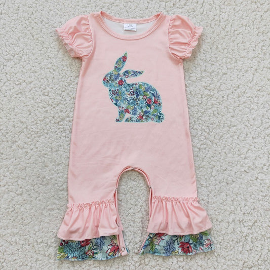 SR0163 Baby Girls Flower Rabbit Pink Short Sleeve Jumpsuit