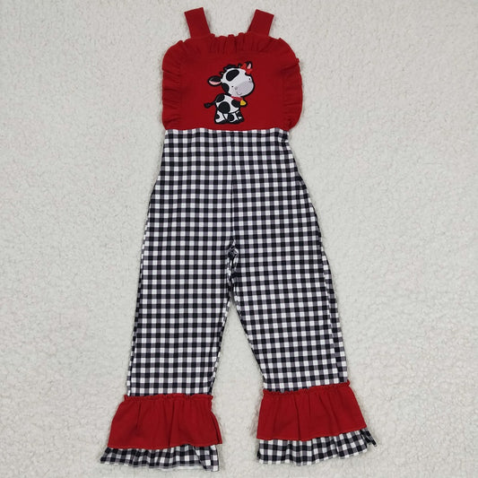 SR0165 Girls Embroidered cow red suspender jumpsuit