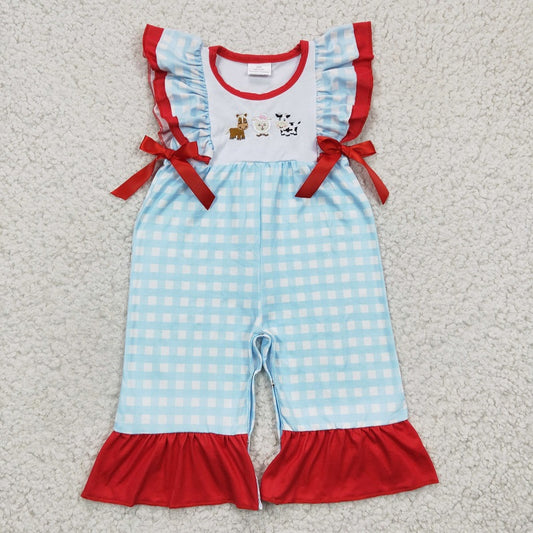 SR0179 embroidery farm animal blue plaid girl romper