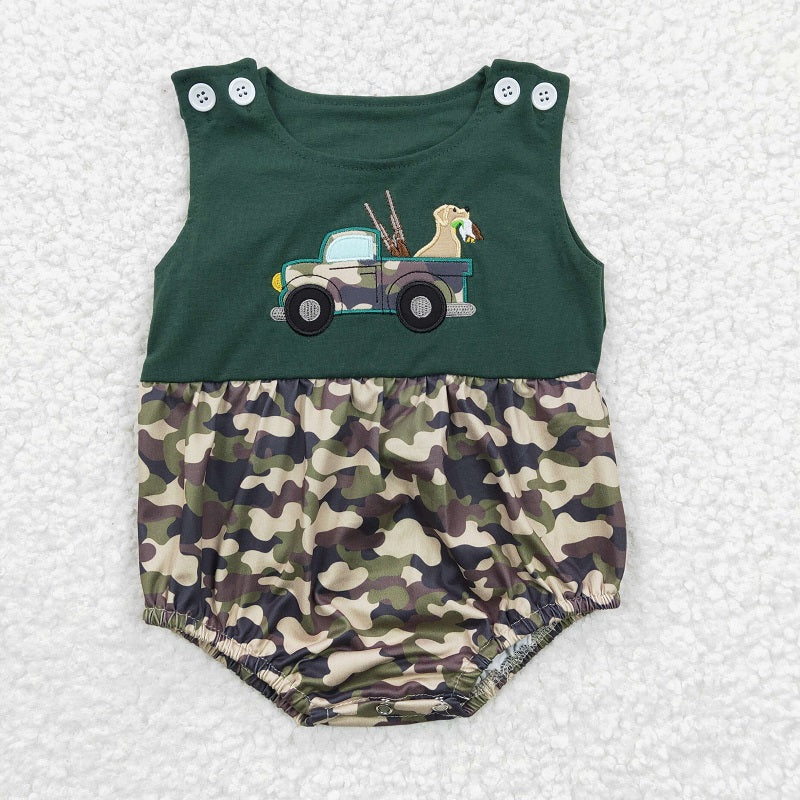 SR0183 Boys Embroidered Camouflage Car Dog Sleeveless Onesie