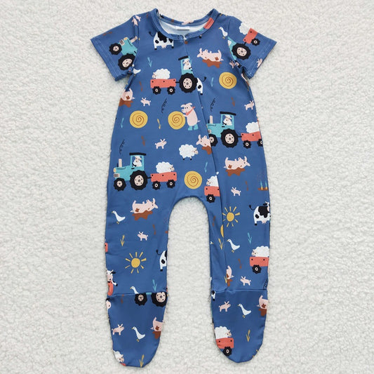 SR0195 Cow Cars Sun Blue Short Sleeve Bodysuit D 5.8
