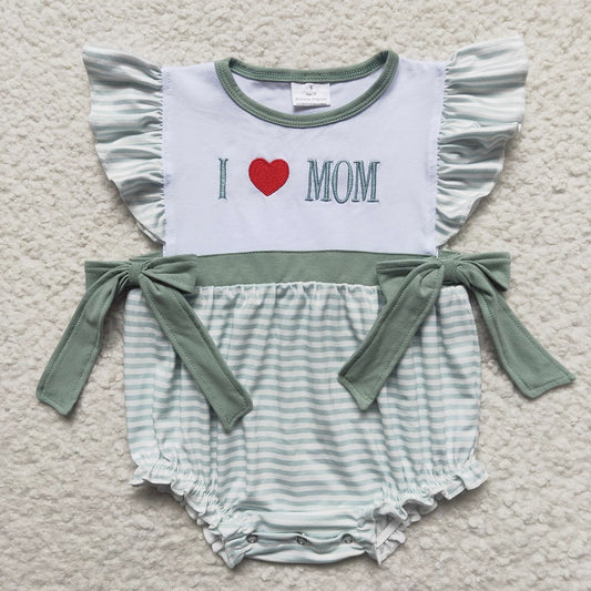 SR0237 Baby Girls Embroidered Heart MOM Green Flying Sleeve Jumpsuit