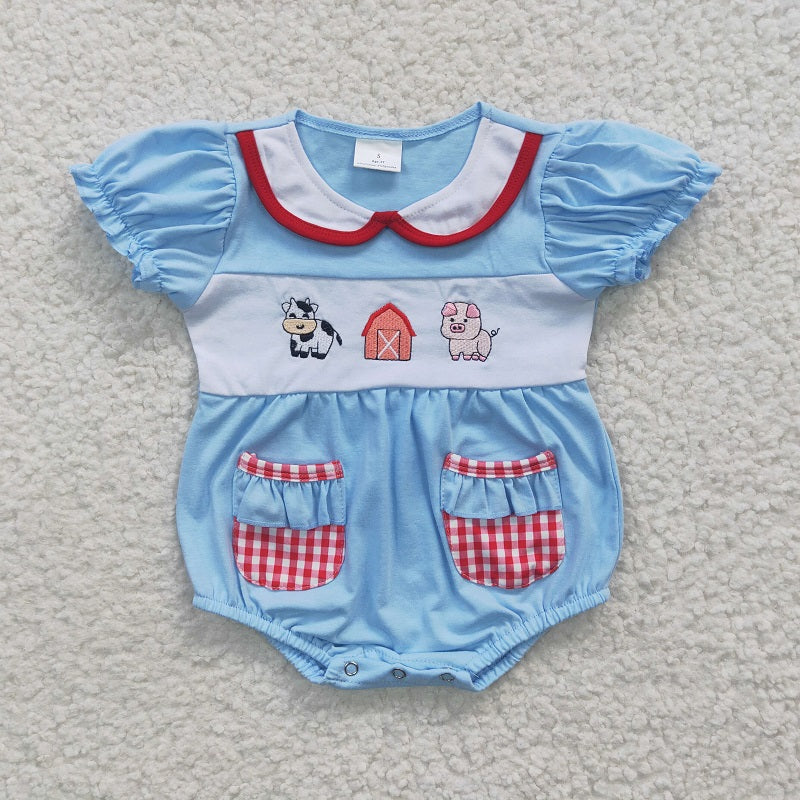 SR0263 Baby Girls Embroidered Farm Cow Pig Blue Short Sleeve Bodysuit
