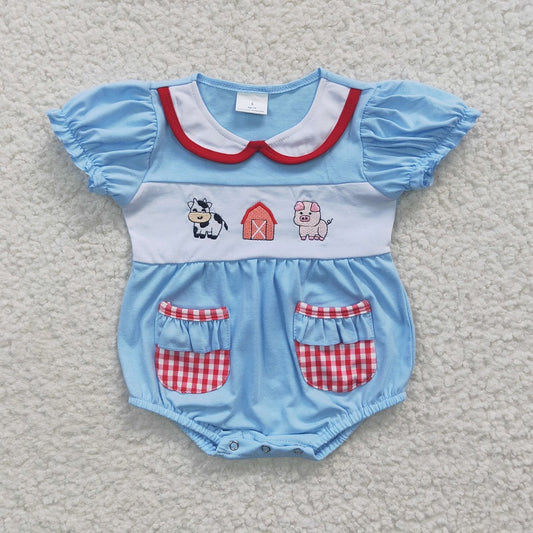 SR0263 Baby Girls Embroidered Farm Cow Pig Blue Short Sleeve Bodysuit