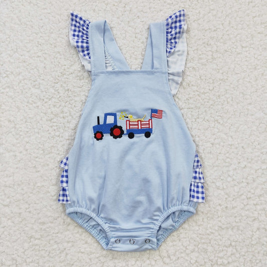 SR0274 Baby Girls Embroidered National Day Car Dog Blue Small Flying Sleeve Jumpsuit