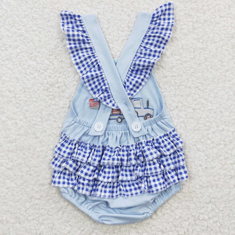 SR0274 Baby Girls Embroidered National Day Car Dog Blue Small Flying Sleeve Jumpsuit