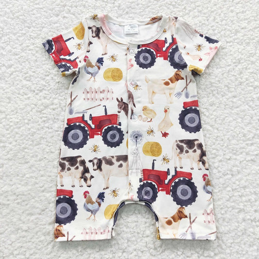 SR0279 Farm Cart Chicken Duck Donkey Short Sleeve Jumpsuit
