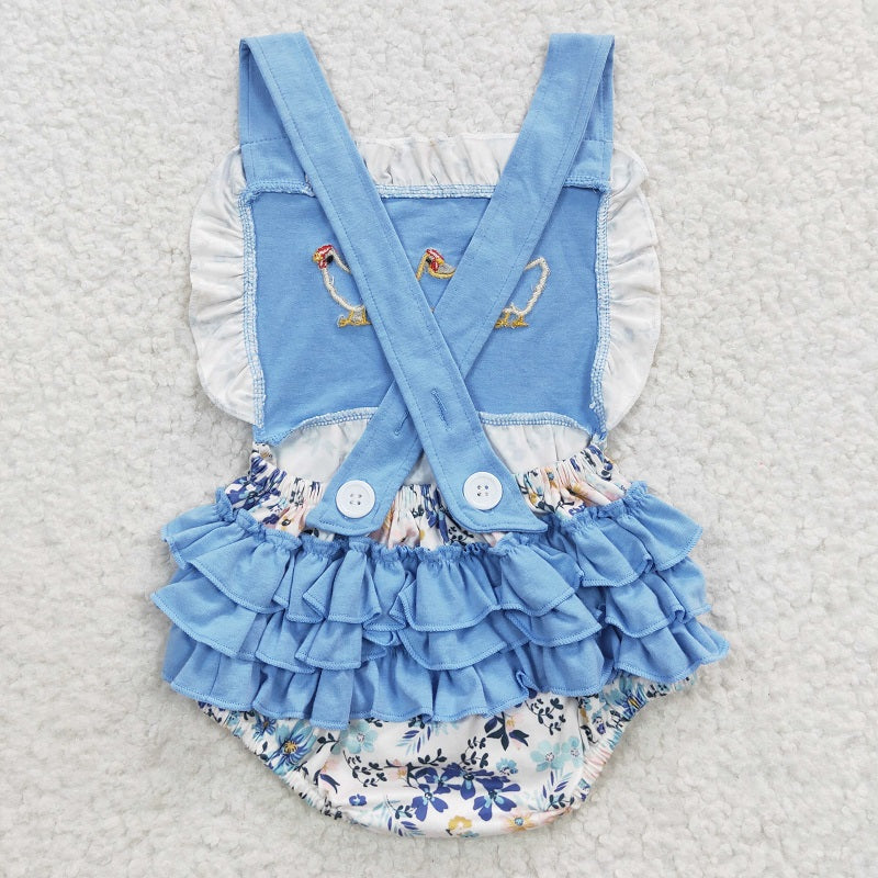 SR0285 Baby Girls Embroidered Flower Rooster Blue Vest Jumpsuit