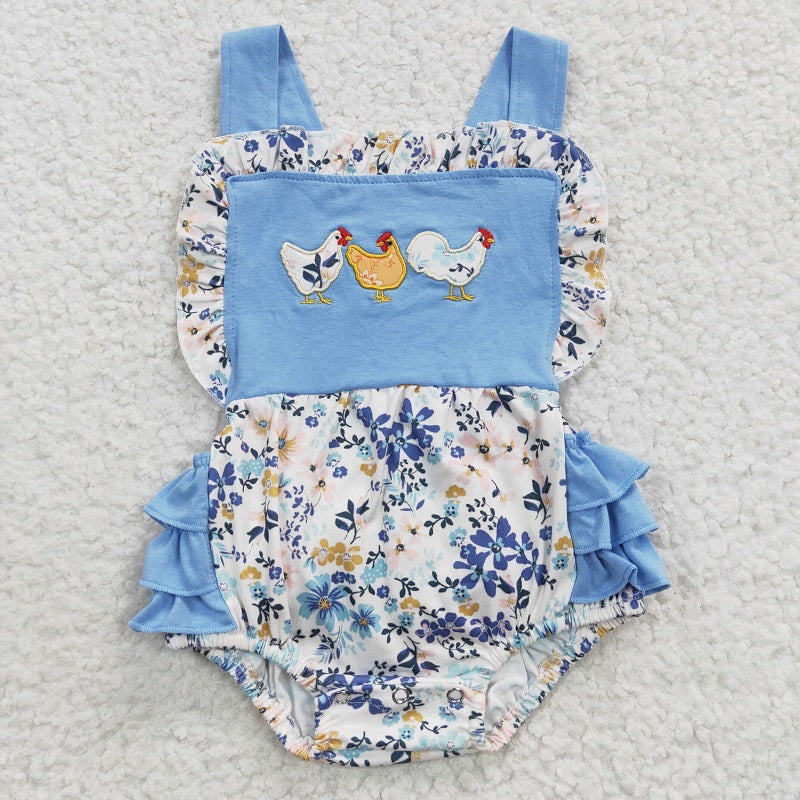 SR0285 Baby Girls Embroidered Flower Rooster Blue Vest Jumpsuit