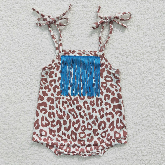 SR0288 Baby Girls Brown Leopard Blue Fringed Tank Top