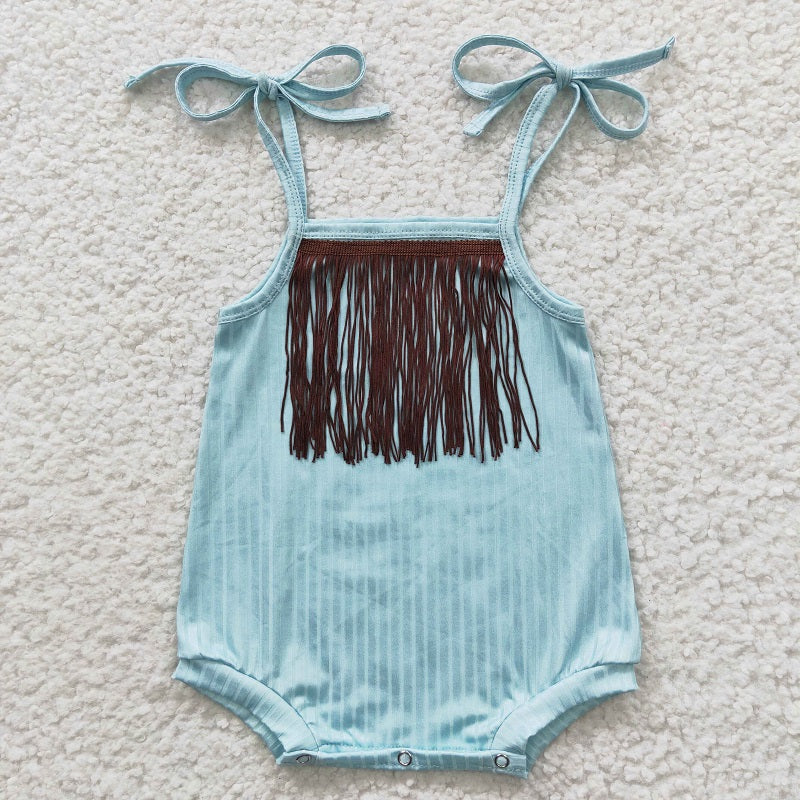 SR0289 Brown Fringed Blue Tank Top Bodysuit