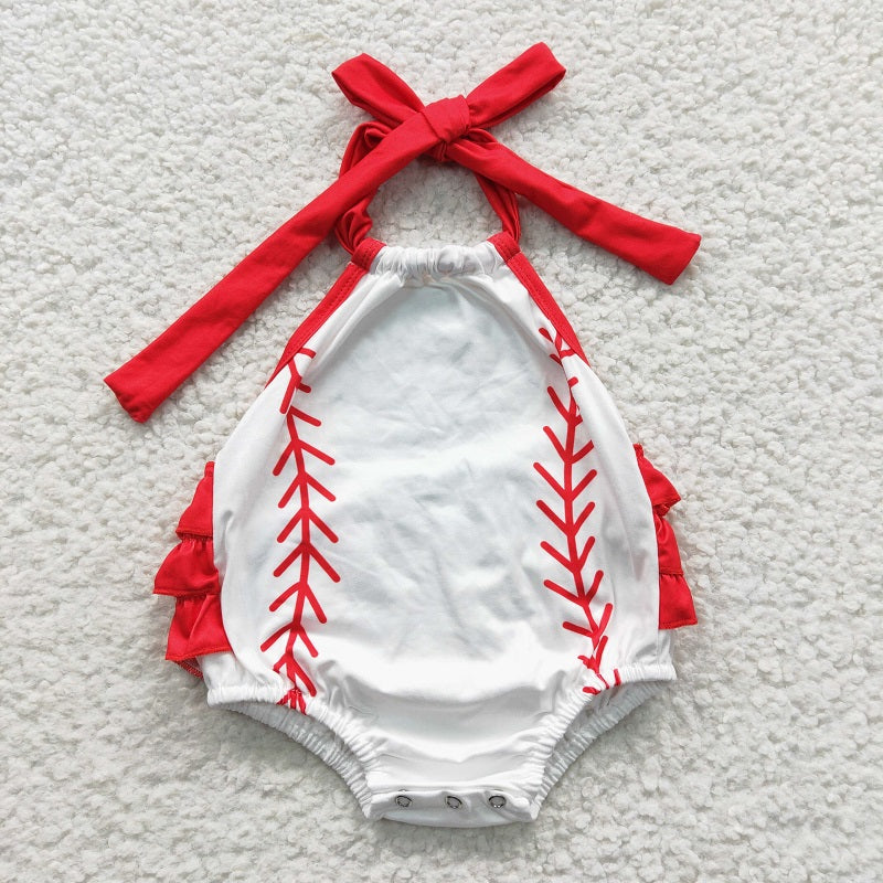 SR0327 Red Baseball Halter Jumpsuit Romper