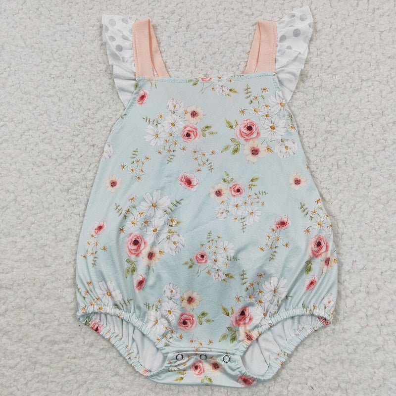 SR0336 Pink Flower Green Jumpsuit Romper