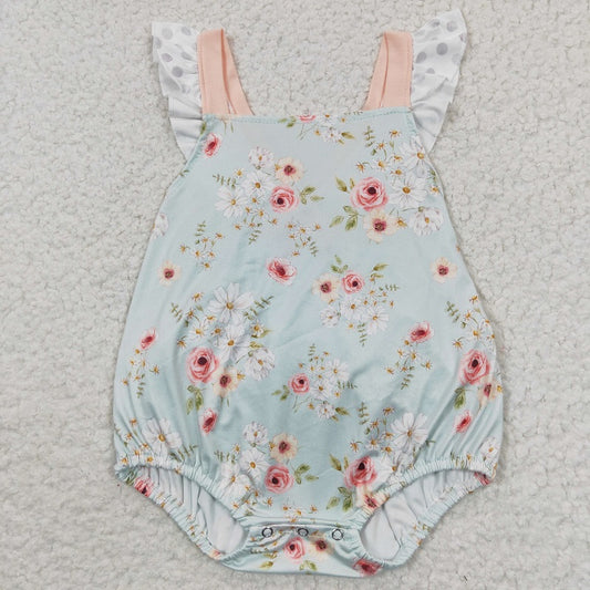 SR0336 Pink Flower Green Jumpsuit Romper