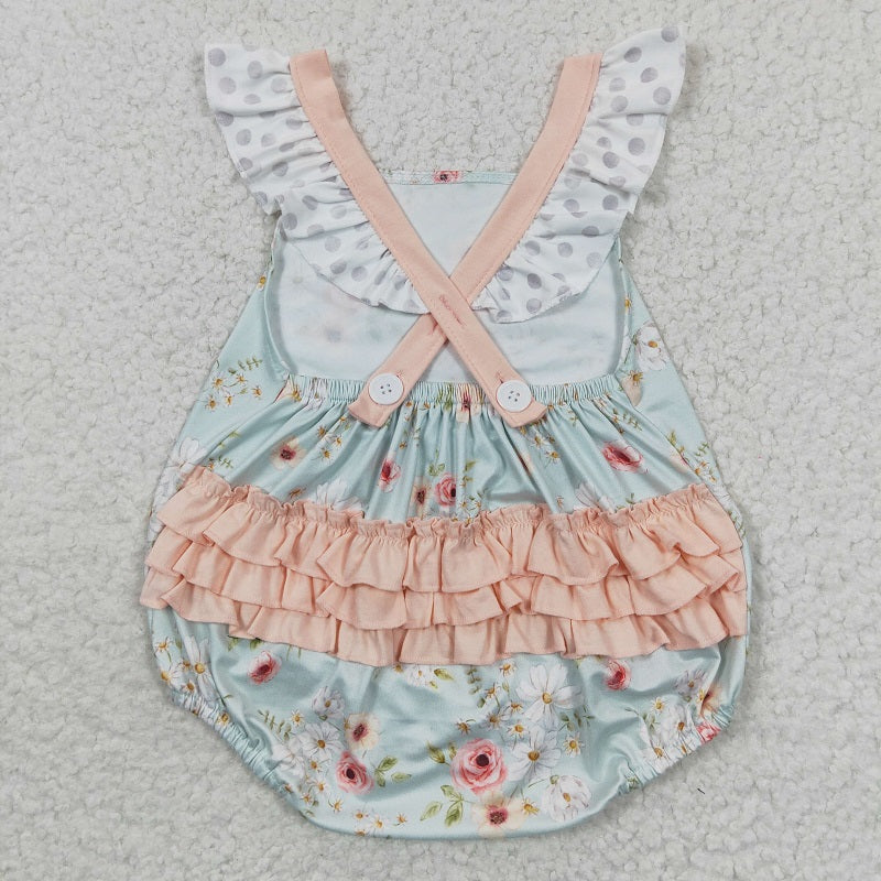 SR0336 Pink Flower Green Jumpsuit Romper