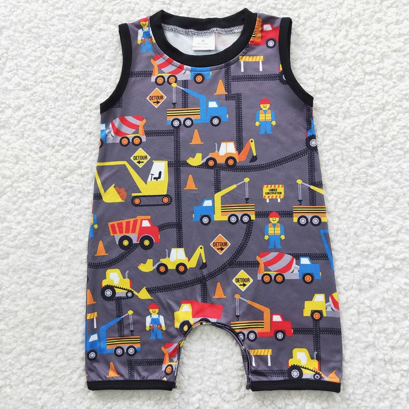 SR0341 Baby Boys Engineering Vehicle Gray Sleeveless Jumpsuit