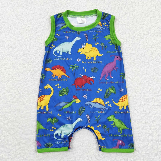 SR0342 Baby Boys Colorful Dinosaur Blue Sleeveless Romper