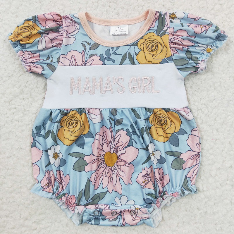 SR0344 Embroidered MAMAS GIRL floral blue short-sleeved jumpsuit