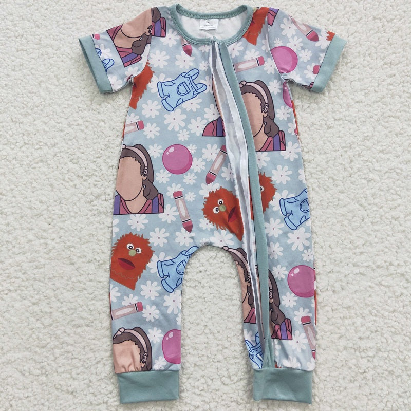 SR0347 Baby Girls Cartoon blue short-sleeved jumpsuit