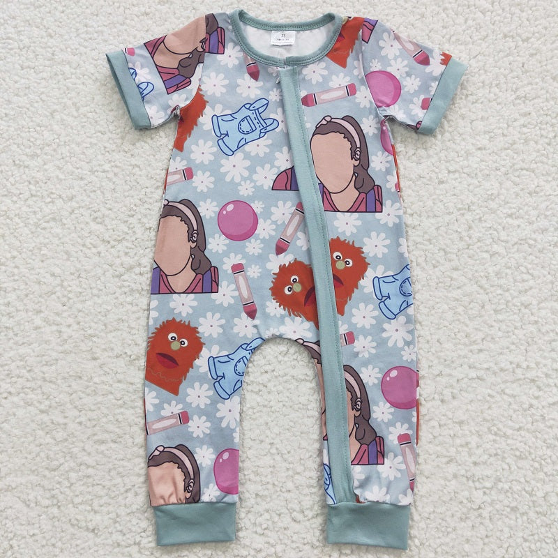 SR0347 Baby Girls Cartoon blue short-sleeved jumpsuit