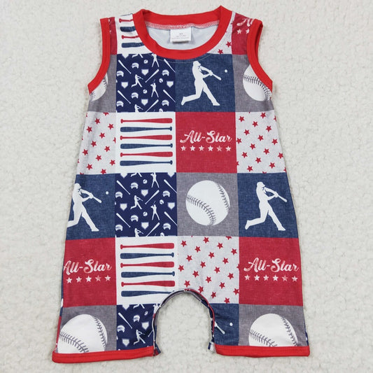 SR0356 Playing Baseball Plaid Red Sleeveless Jumpsuit Romper