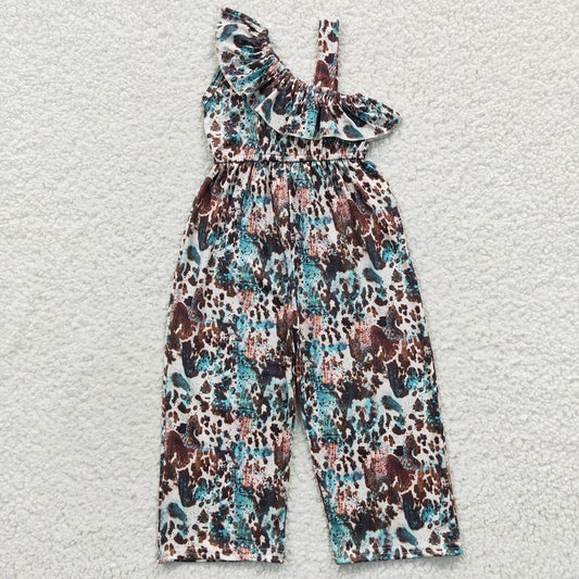 SR0366 Baby Girls ink pattern blue one-sided sleeve jumpsuit