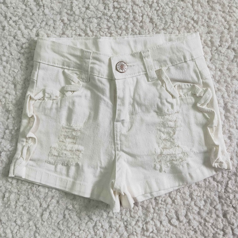 SS0012 girl denim white ripped shorts
