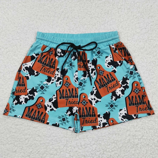 SS0052 Adult MAMA cow print blue shorts
