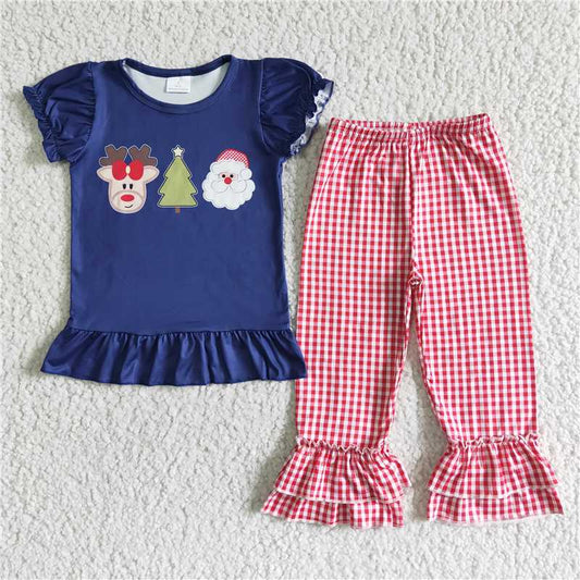 D1-2 Christmas tree blue short-sleeved top red plaid trousers suit