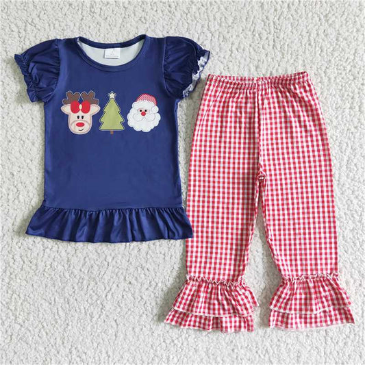 D1-2 Christmas tree blue short-sleeved top red plaid trousers suit D 1101