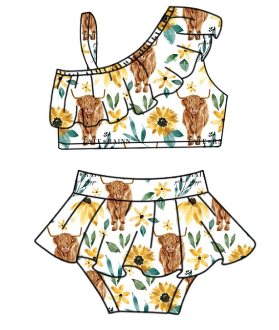 S0025 Girls' Alpine Cow Flower Sling Swimsuit Set