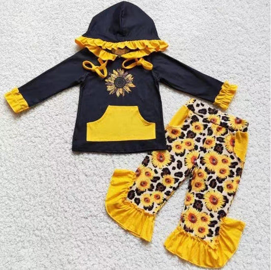 6 A8-28 WINTER FALL SUNFLOWER HOODIE TOP RUFFLE PANTS BOUTIQUE SET