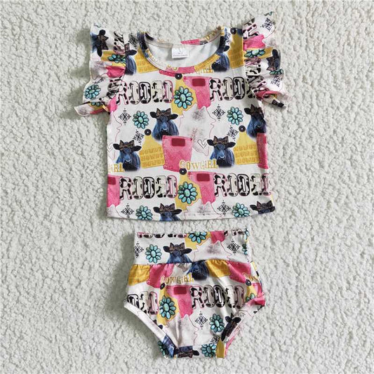 GBO0044 Girls Cow Alphabet Jeweled Lace Short Sleeve Briefs Suit