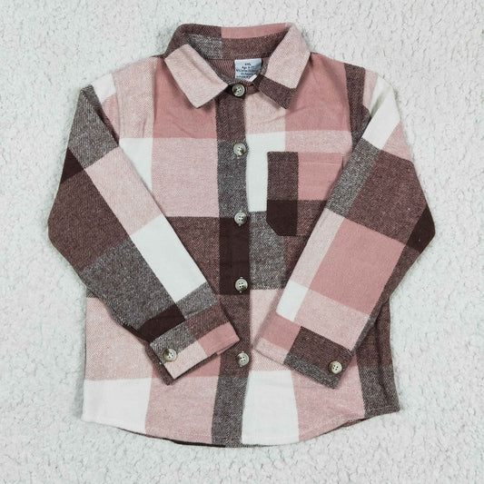 GT0073 Girls Pink Striped Plaid Long Sleeve Shirt