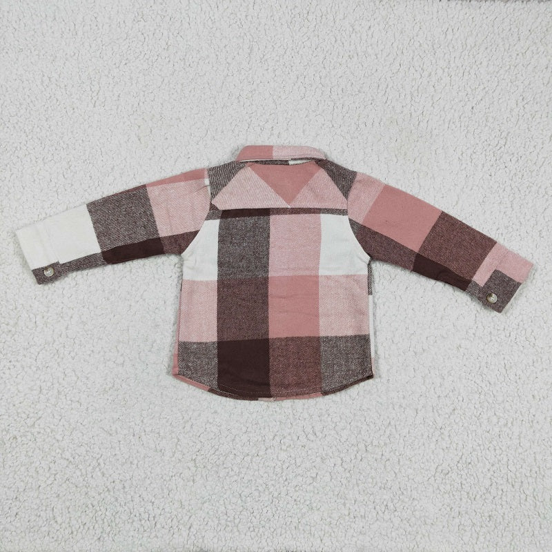 GT0073 Girls Pink Striped Plaid Long Sleeve Shirt