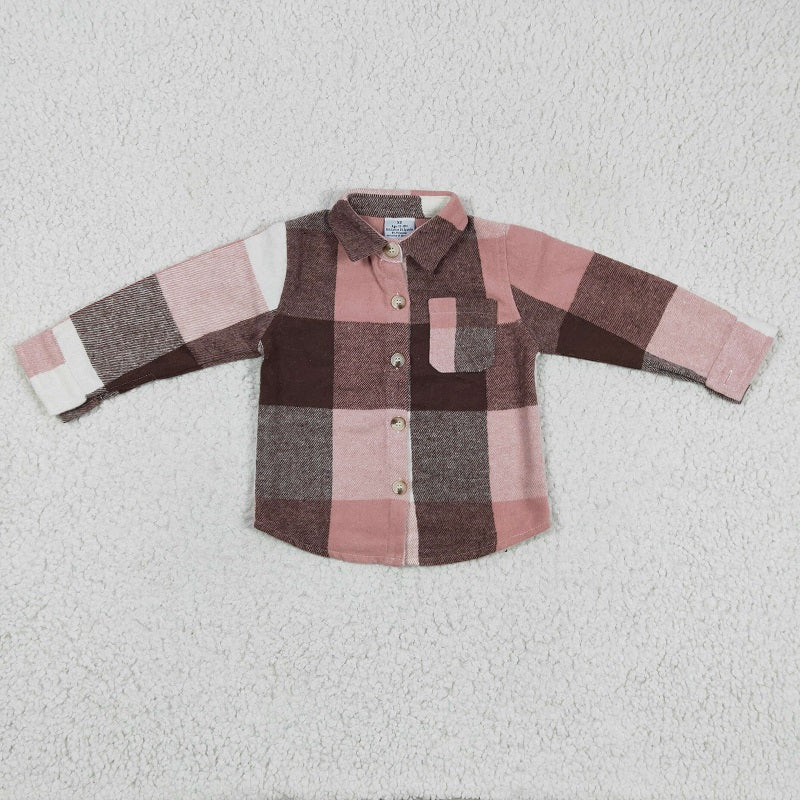 GT0073 Girls Pink Striped Plaid Long Sleeve Shirt